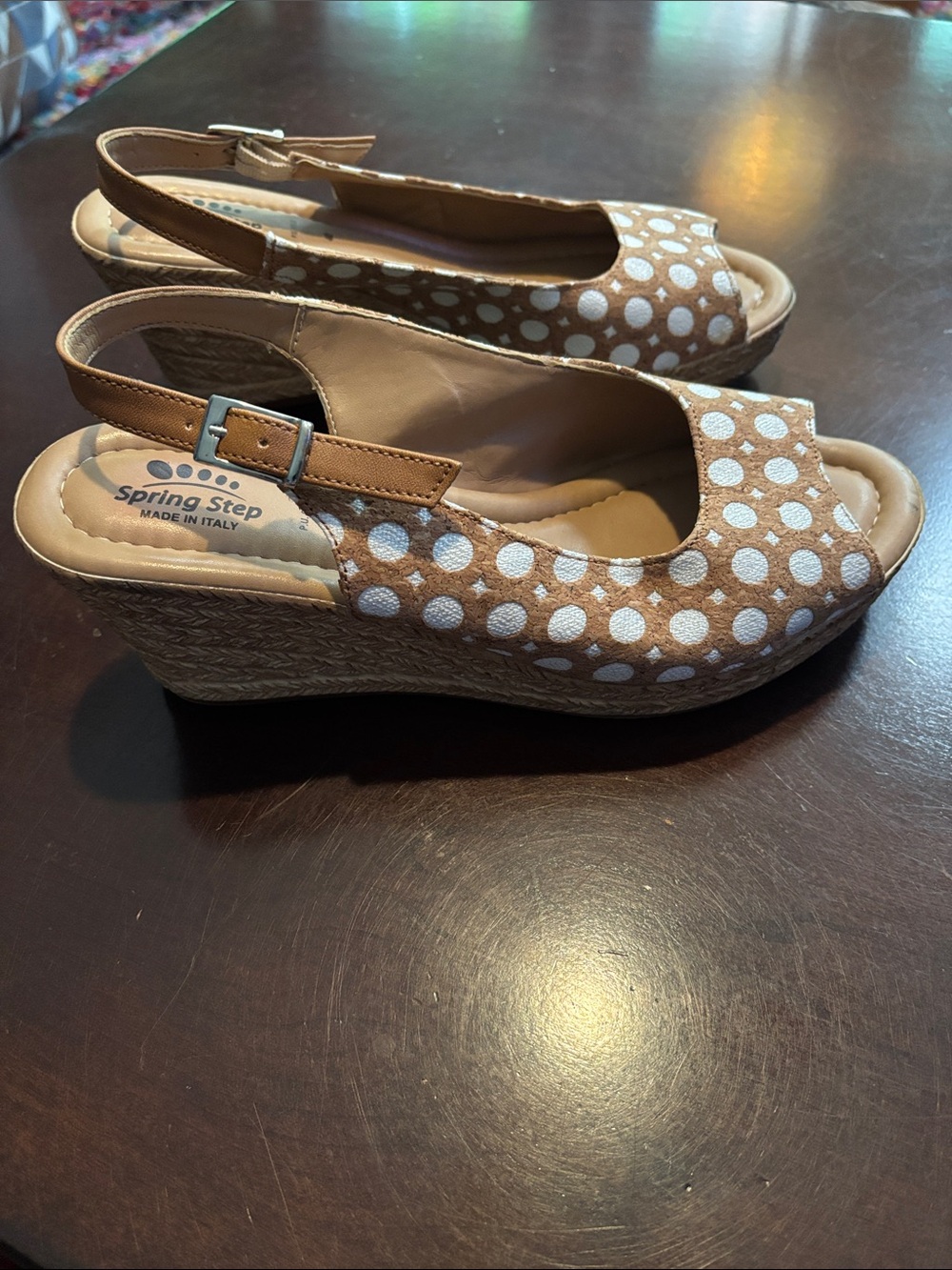 Spring Step Tan with White Polka Dot Wedge Margarita Slingback Sandals